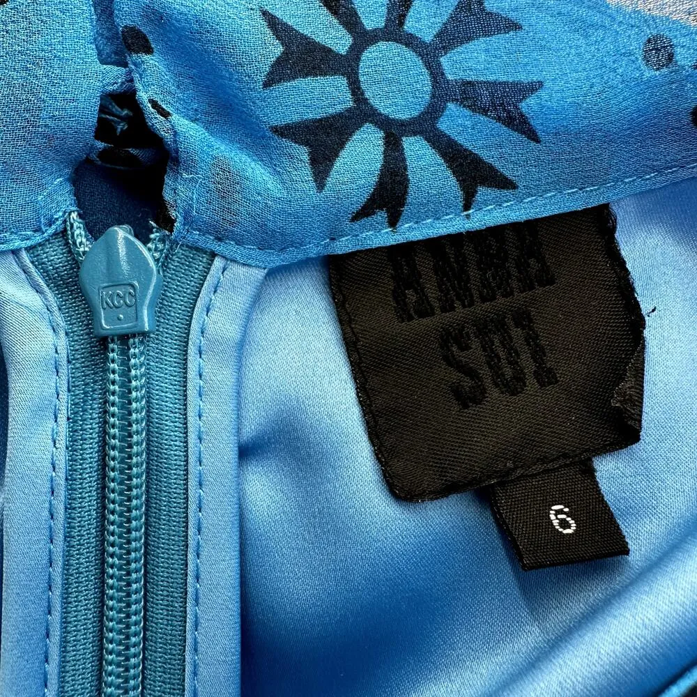 Anna Sui Printed Shift Dress Tie Front Mock Neck Chiffon Flowy Cocktail Blue 6 - Image 2