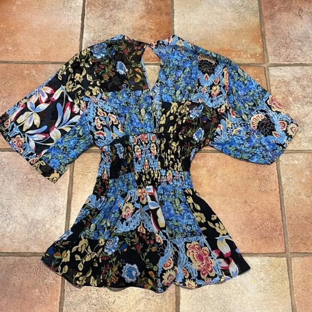 Zara smocked waist, butterfly sleeve keyhole back floral patchwork print romper - Image 9
