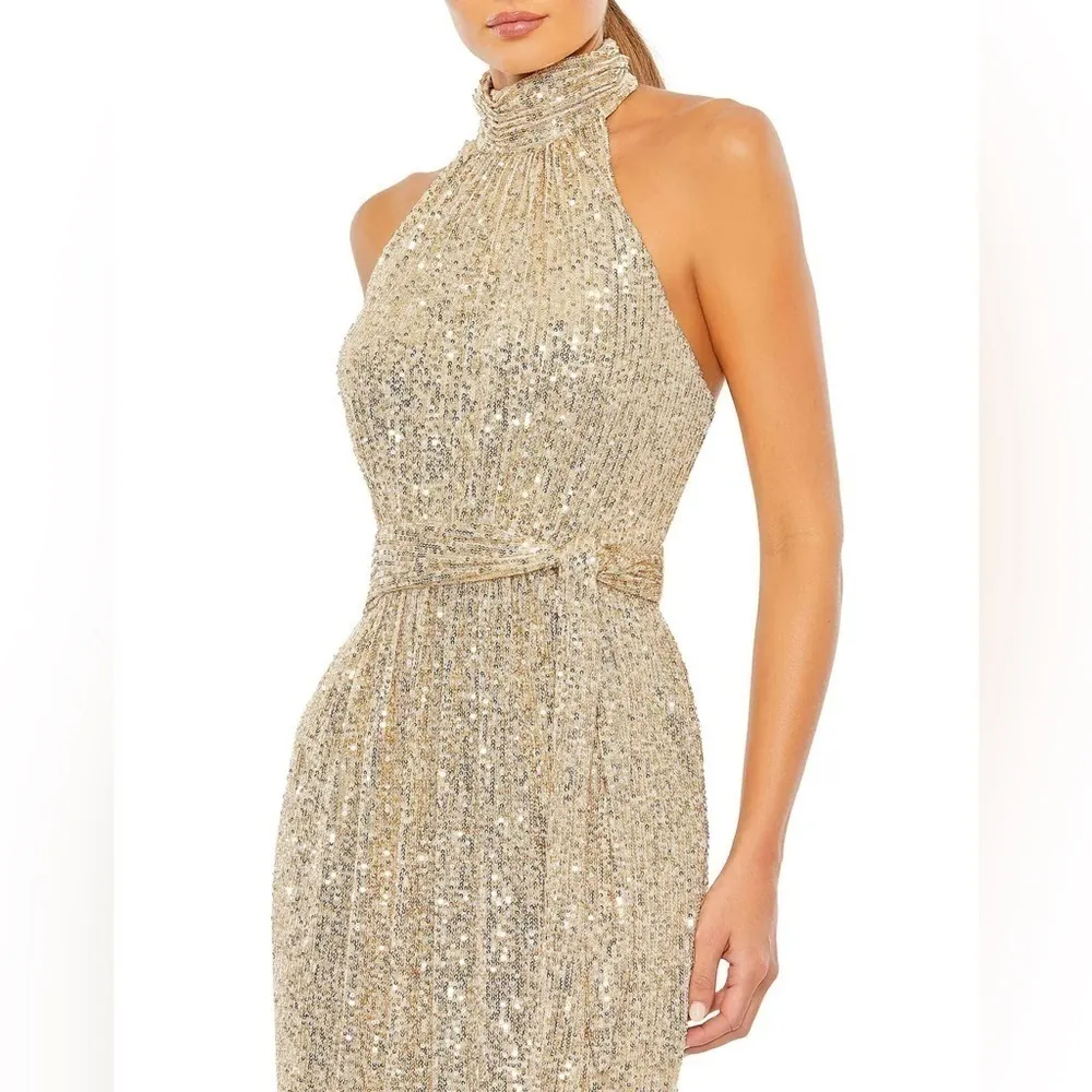 IEENA FOR MAC DUGGAL Sequined Halter Neck Belted Soft Dress In Champagne - Image 3