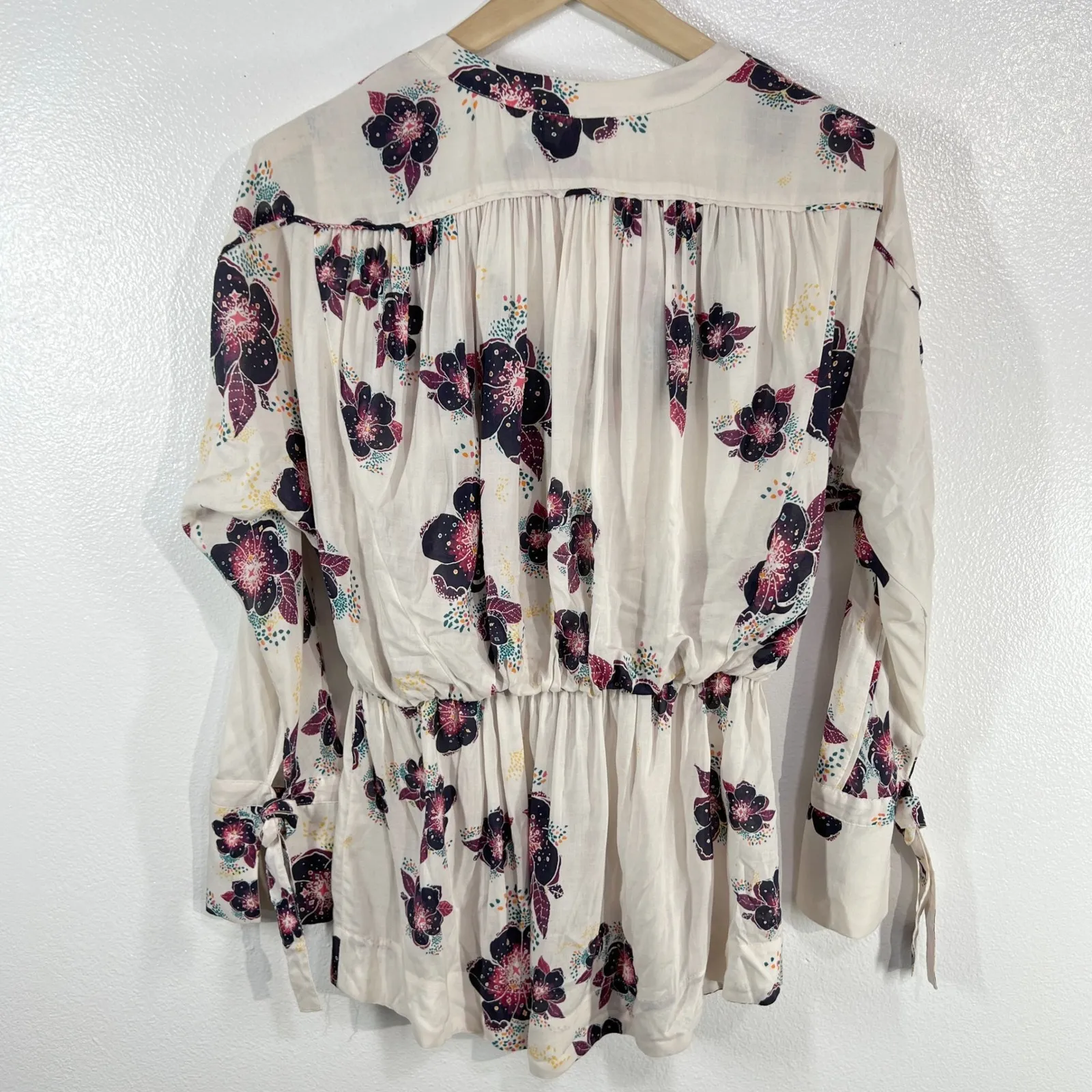 Free People Tuscan Dreams Floral Wrap Blouse BohoPeplum‎ Tie Sleeve Top Cream XS - Image 3