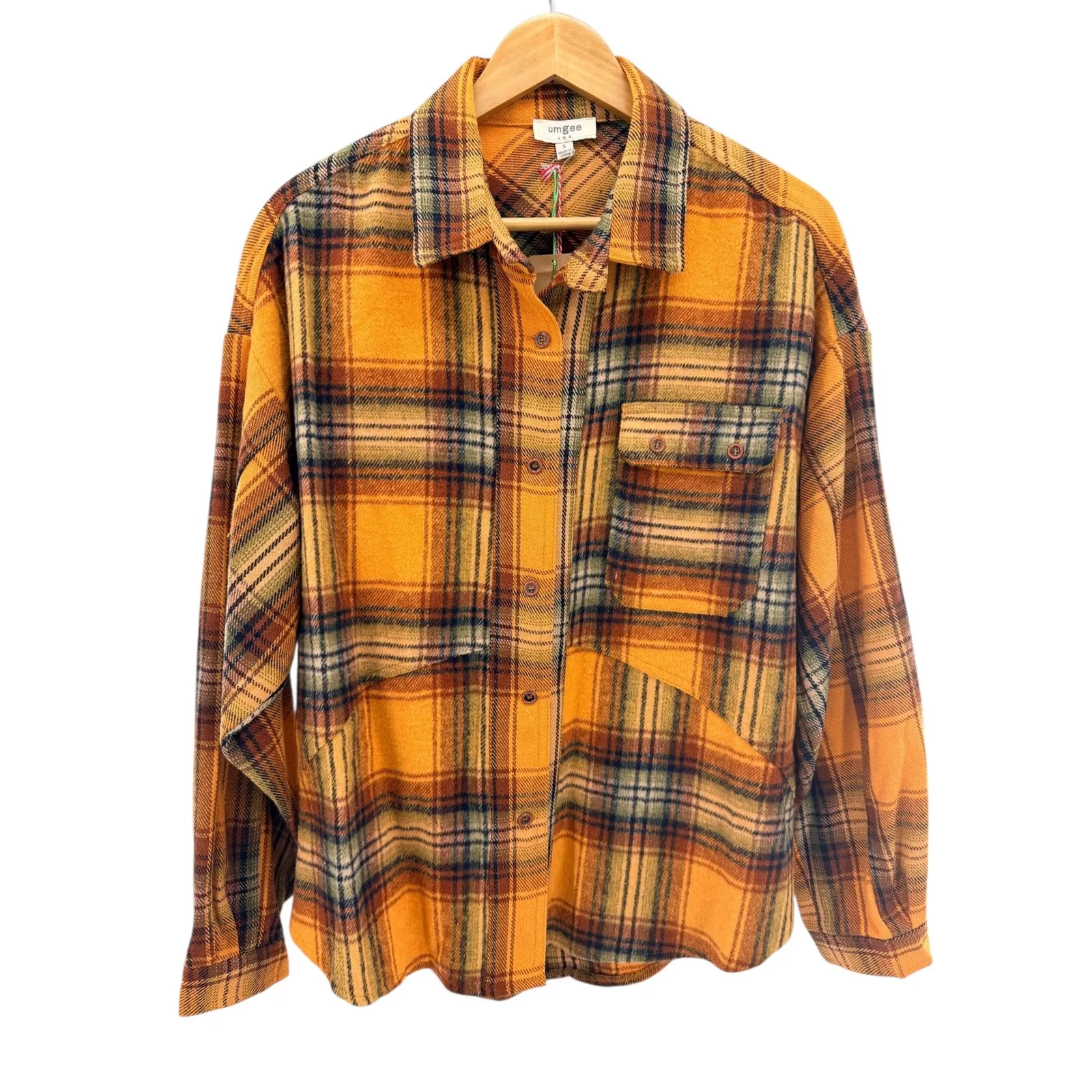 NWT UMGEE USA Plaid Oversized Button Down Shirt Jacket Yellow Rust Blue Womens S - Image 7