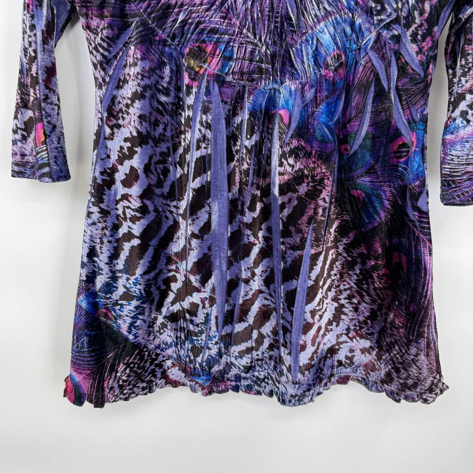 Boston Proper Fairy Velour Top Womens S Purple Peacock Feather Print 3/4 Sleeve - Image 4
