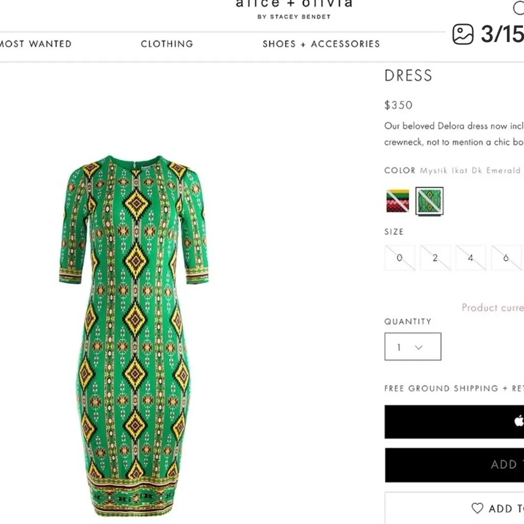 Alice + Olivia Geometric Green and Yellow Delora Ikat Long Sleeve Dress - Image 6