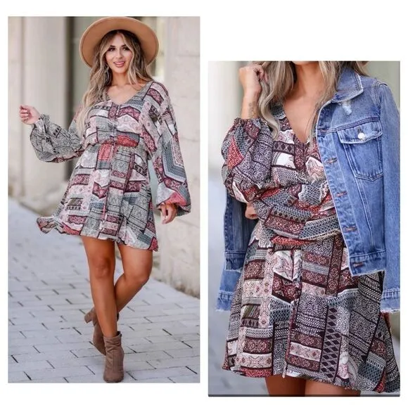 Promesa long sleeve boho western flare ruched bust dress size small - Image 2