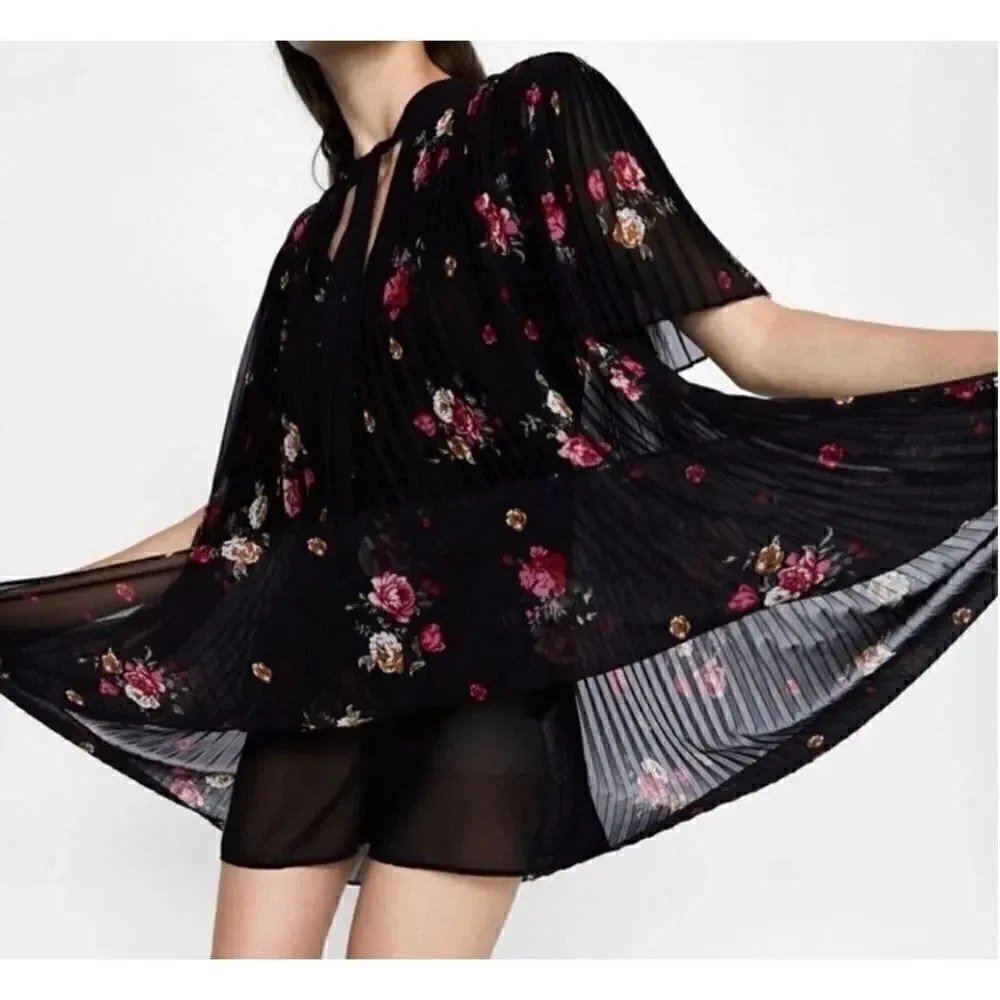 ZARA Black Floral Pleated Romper Playsuit Mini Dress Bohemian SZ S - Image 5