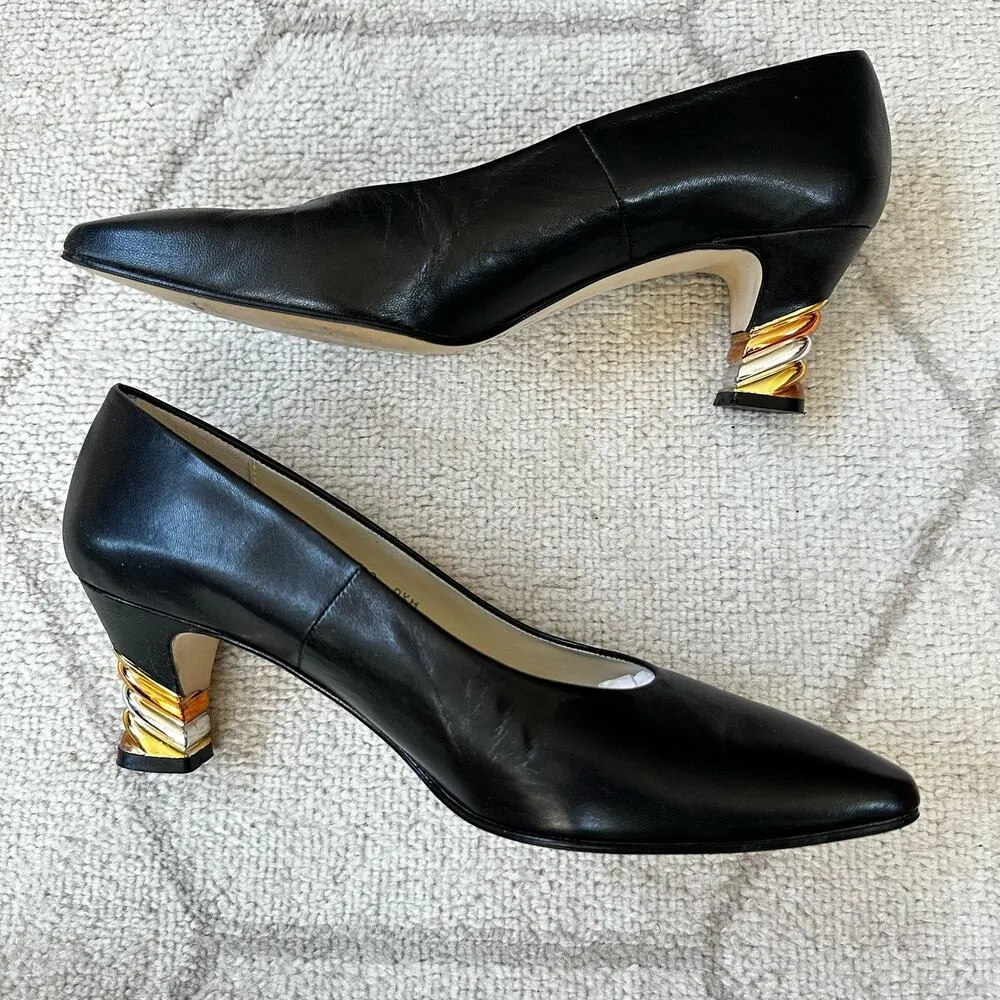 Vintage 90s Nina Black Leather Pumps Embellished Heel Sz 9 - Image 2
