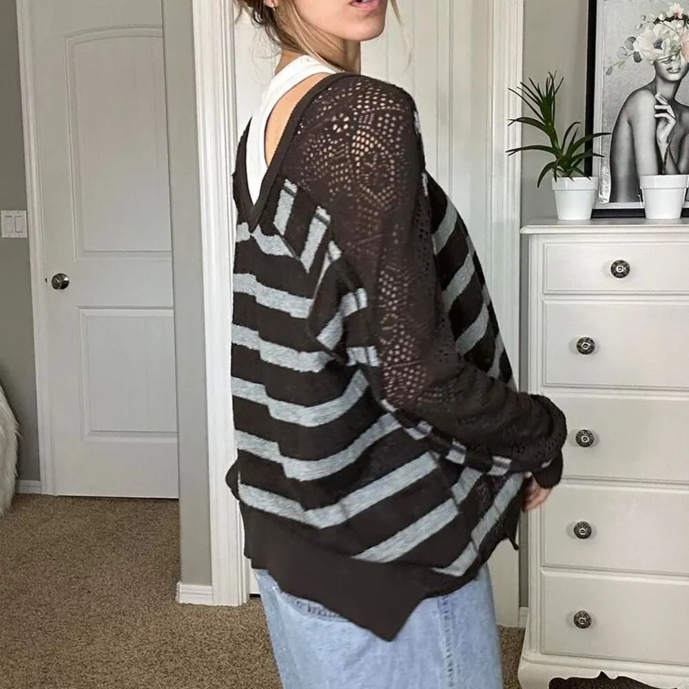 We the Free Brown and blue striped sweater with a relaxed fit & lace sleeve - Image 3