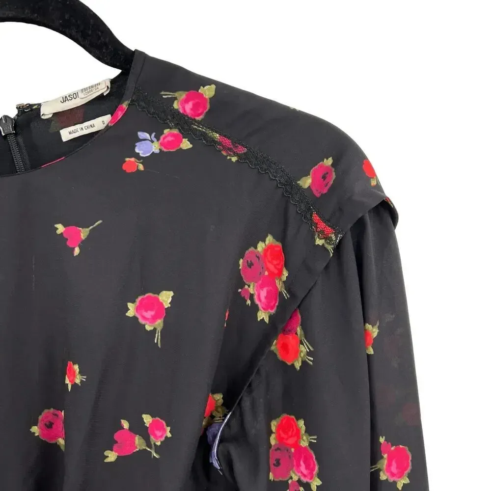 Jason Wu Pleated Rosebud Floral Chiffon Pleat Grosgrain Long Sleeve Dress Size 0 - Image 3