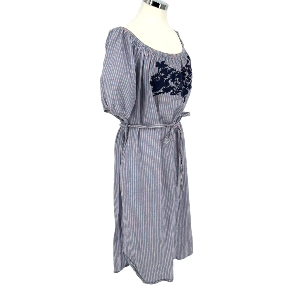 THML Embroidered Striped Tie Waist Scoop Off Shoulder Midi Dress Blue Size 2X - Image 6