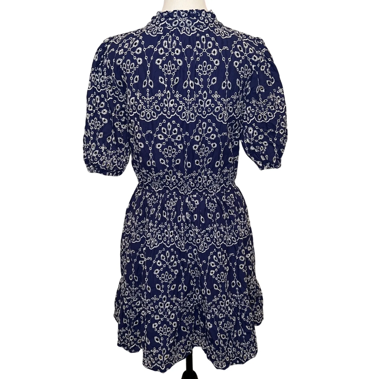 Sugarlips Rosie Eyelet Floral Split V-Neck Mini Dress Navy Blue-White Size M - Image 5