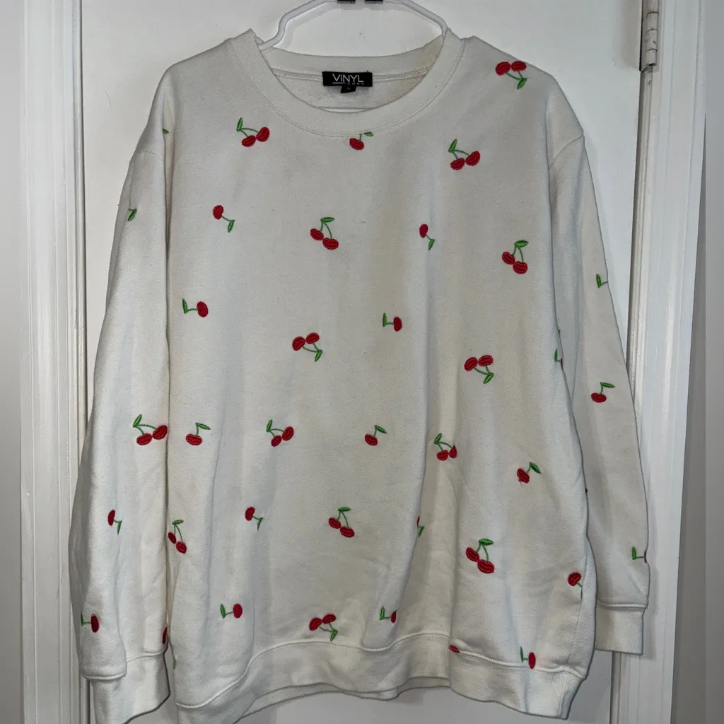 Vinyl Icons Cherry Embroidered White Crewneck Sweatshirt xl - Image 3
