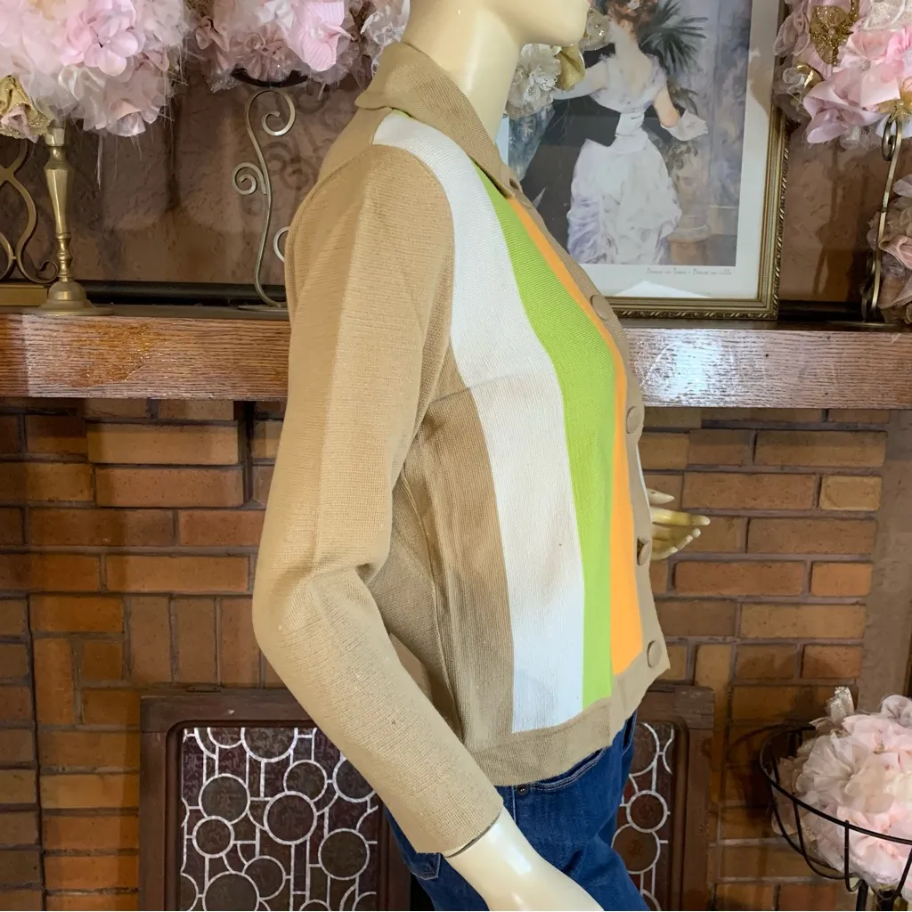 MARCO POLO IMPORTS VINTAGE 1960'S TAN, GREEN AND ORANGE WOOL CARDIGAN (10) - Image 8