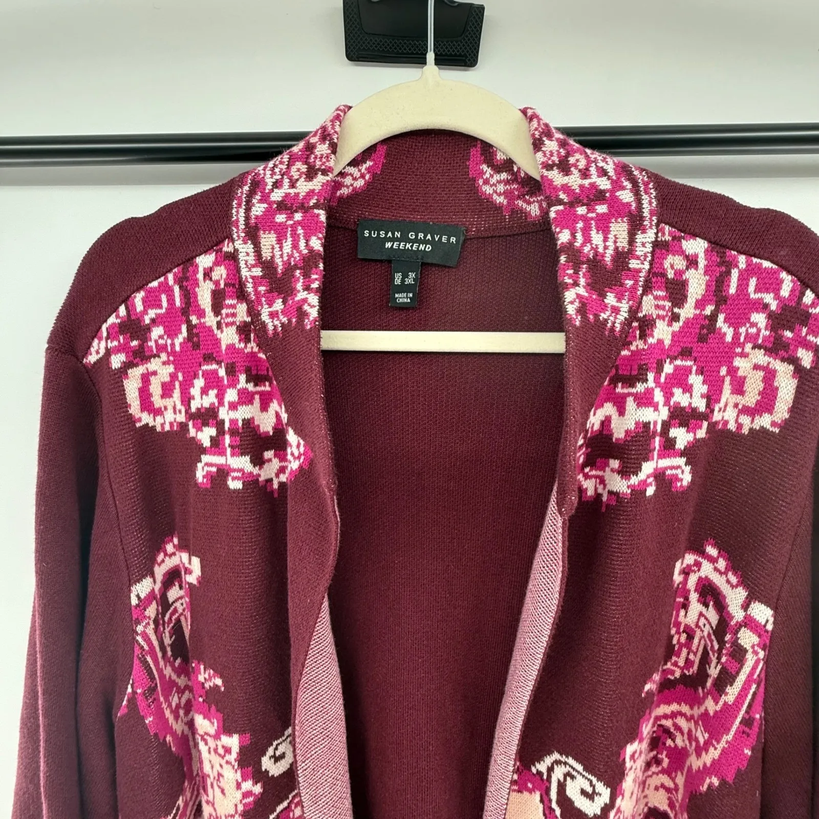 Susan Graver Weekend Burgundy Pink Jacquard Open Front Cardigan Womens 3X Purple Size undefined - Image 2