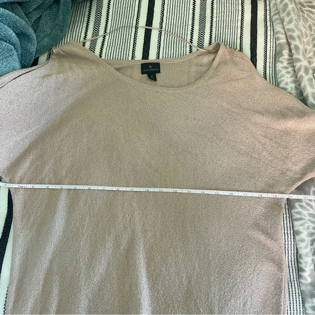 Y2K Metallic Pink Sweater Dress Medium Pastel Cream Cold Shoulder‎ Ribbed Mature - Image 8