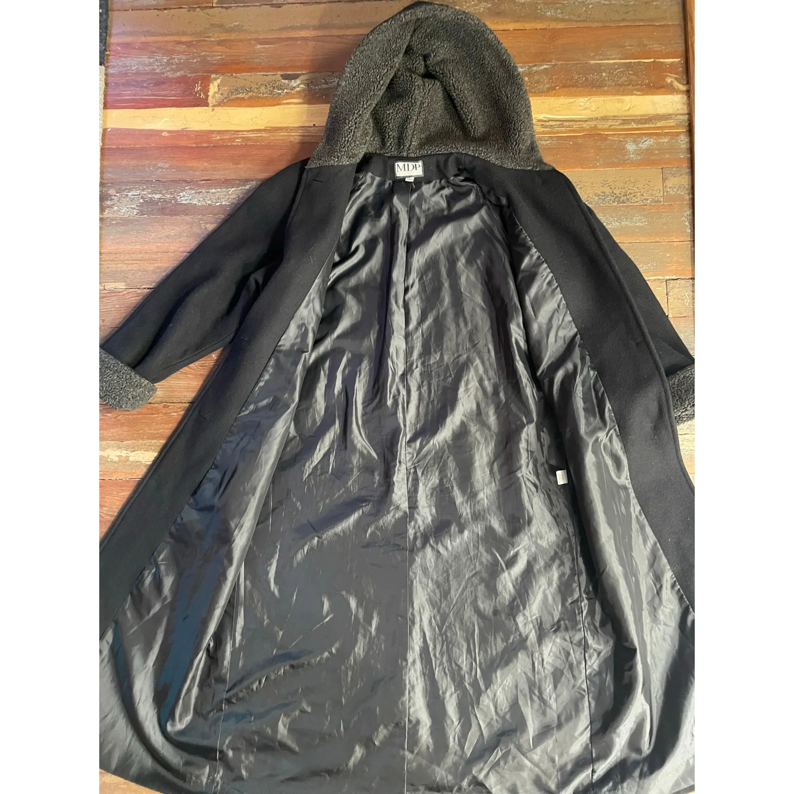 MDP Mario De Pinto Long Wool Maxi Coat Hooded Black USA Made Faux Fur Trim Size XL - Image 10