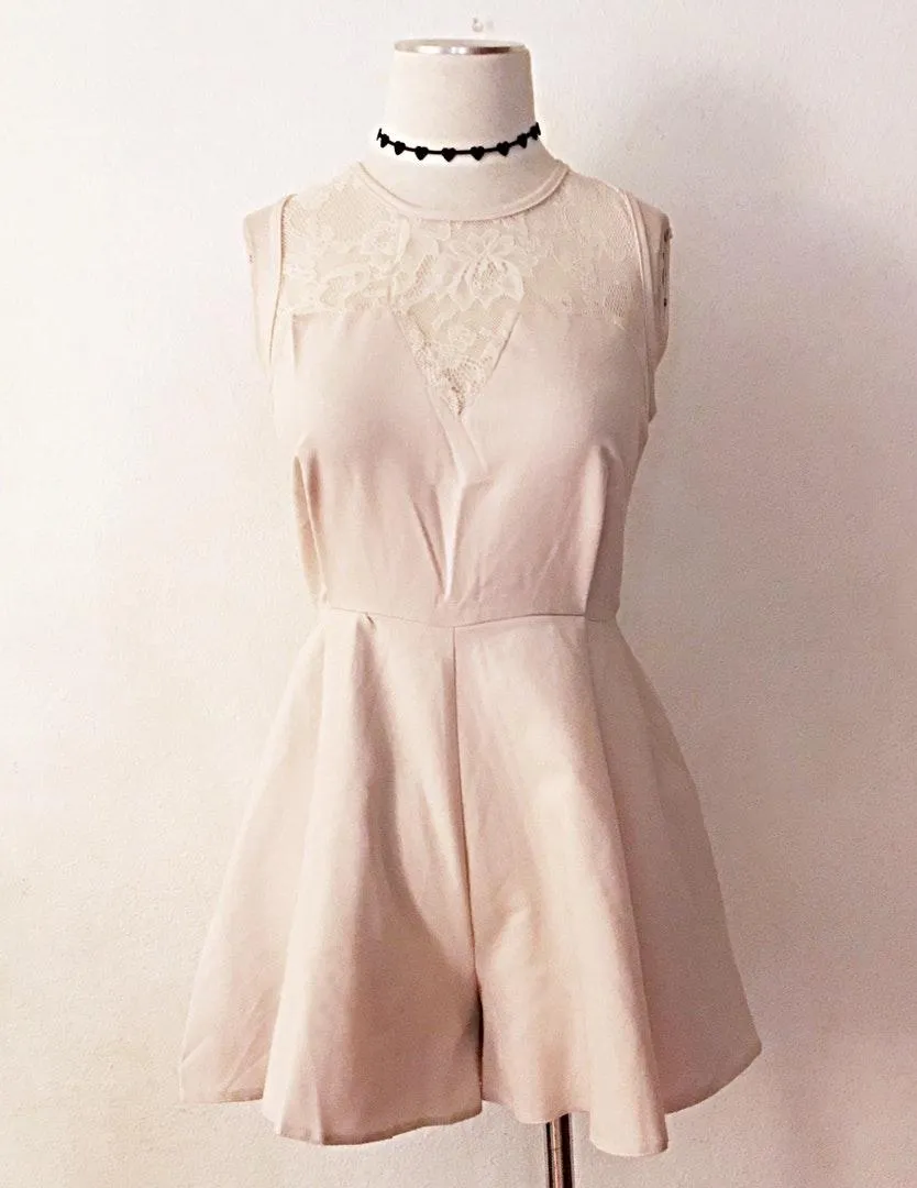 Lace Sheer Neckline Flared Romper Tan Size L - Image 2