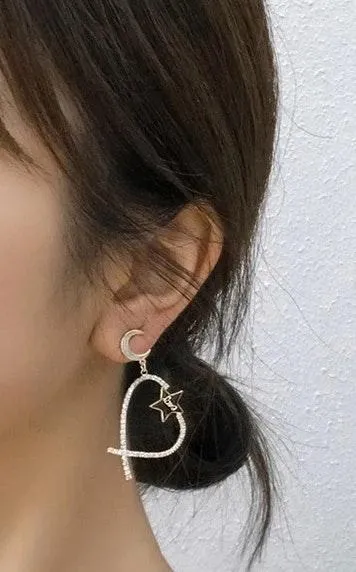 Crystal Heart Star Moon Stud Drop Earring Gold - Image 2