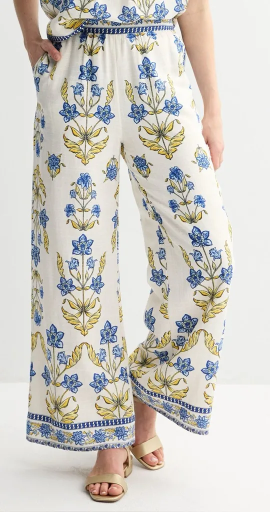 Draper James Linen Blend Wide Leg Printed Pants Blue Yellow Floral Size Medium - Image 1