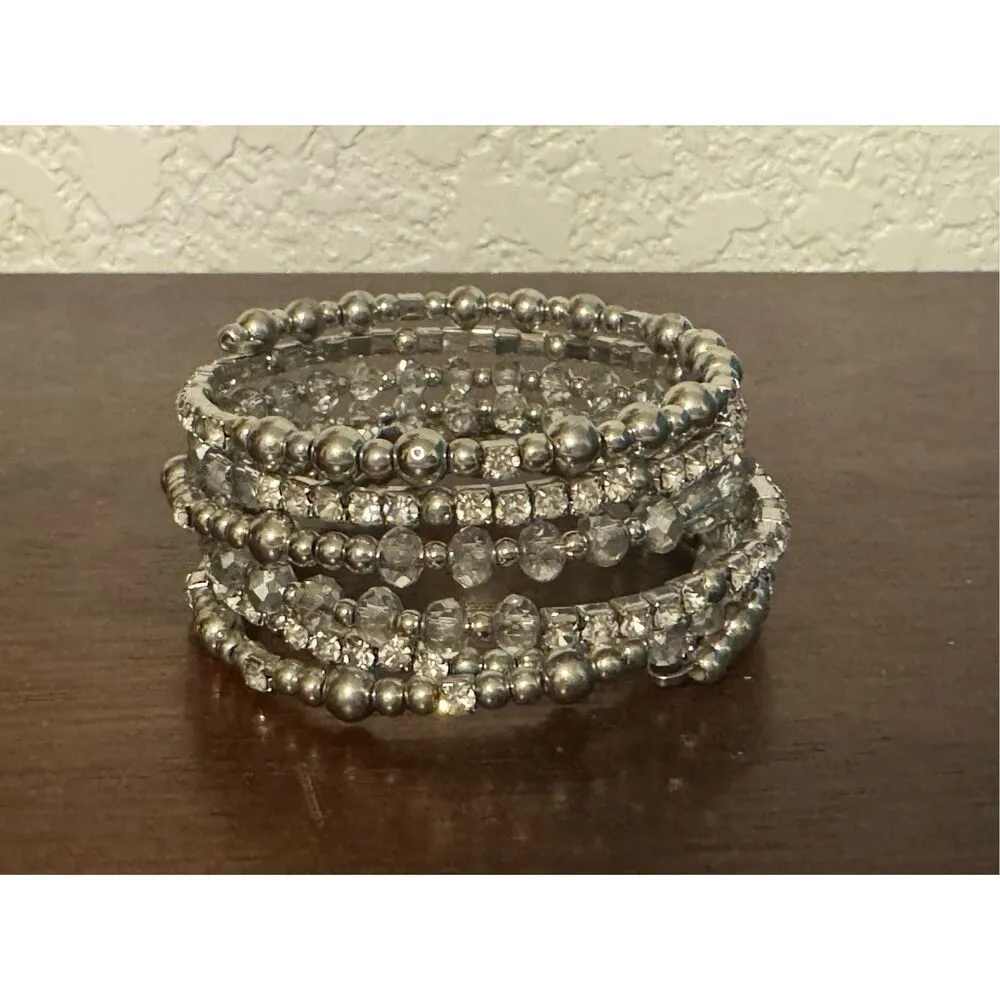 Vintage Y2K Womens Chunky Silver Beaded Rhinestone Slinky Wrap Bracelet Glam 90s - Image 3