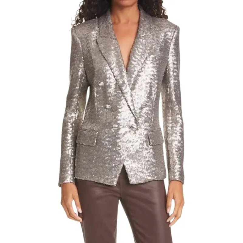 L'Agence Kenzie‎ Silver Sequined Blazer Jacket Double Breasted Women's 0 - Image 4