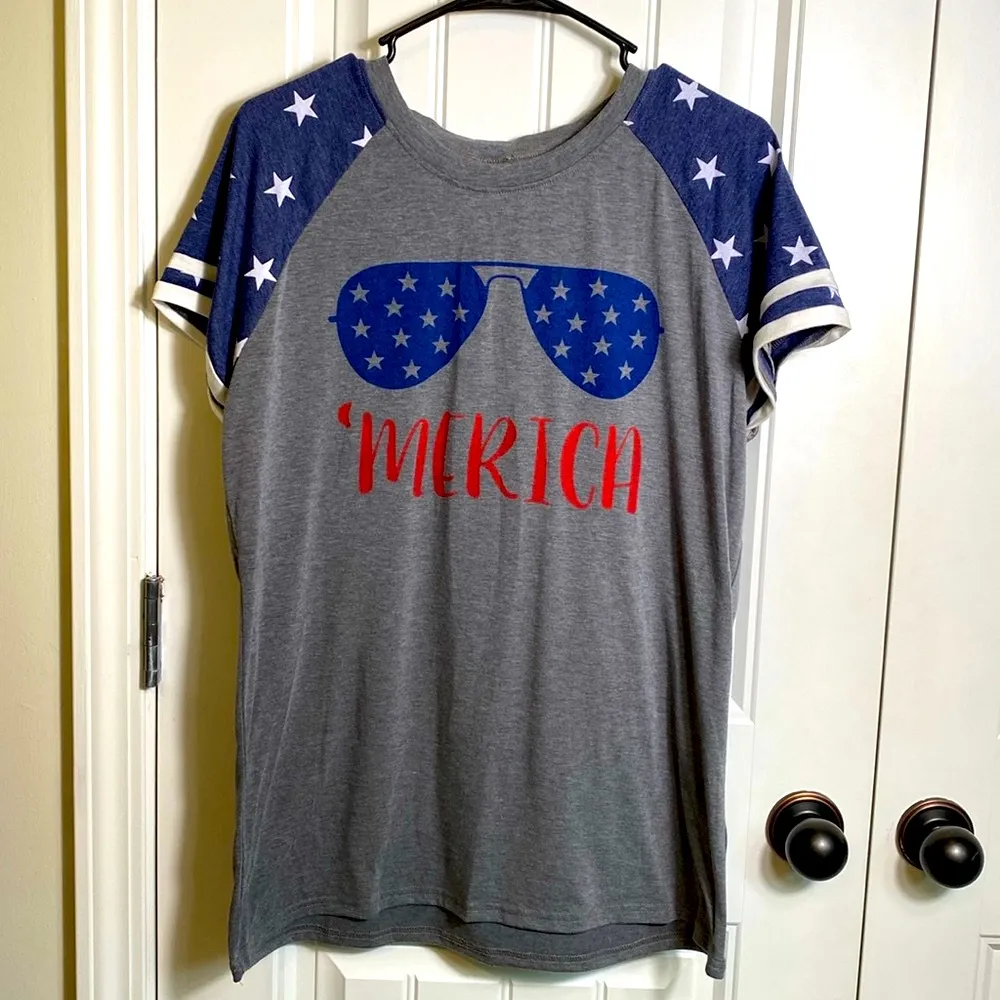 Womens ‘Merica Sunglasses Shirt. Short Sleeves Large 4th of July USA Tee Shirt Gray - Image 2