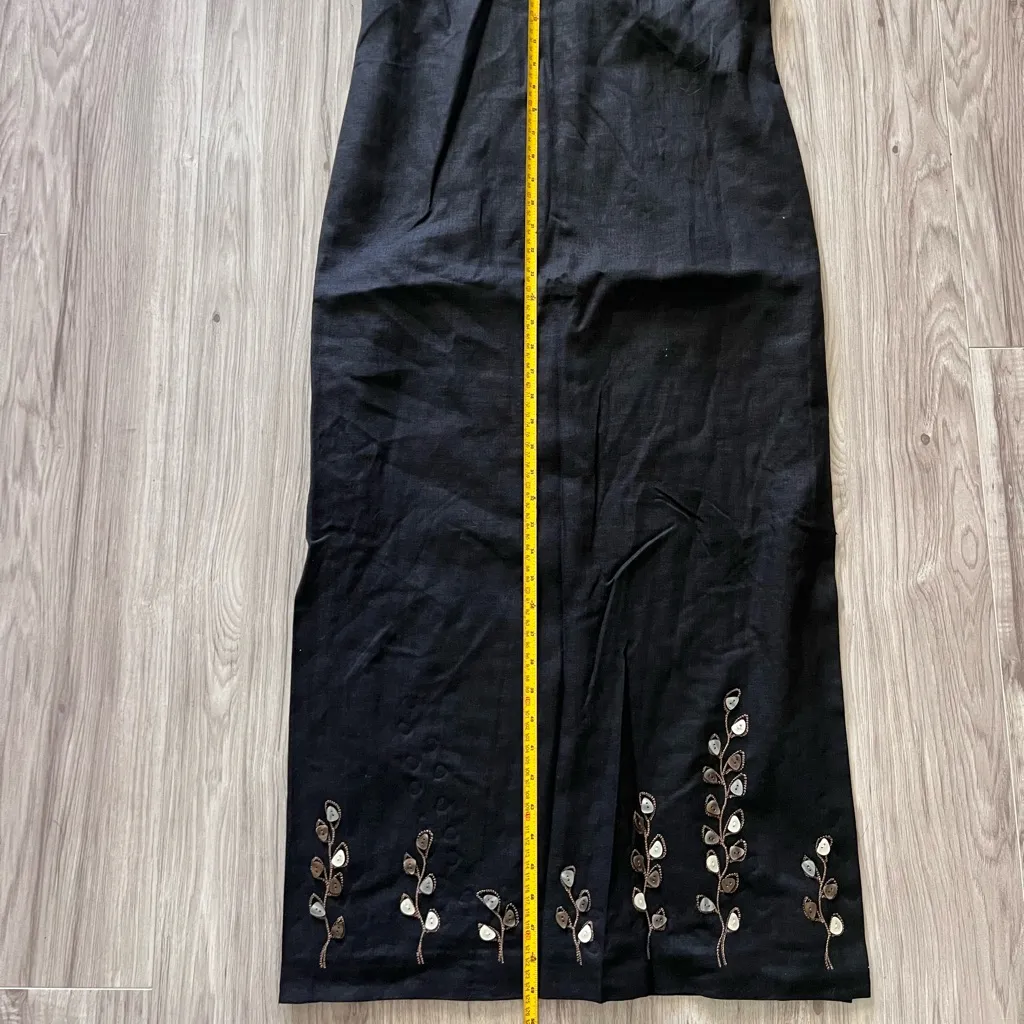 Vintage Embroidered Linen Blend Embellished with Shells Black Maxi Dress Size 8 - Image 7
