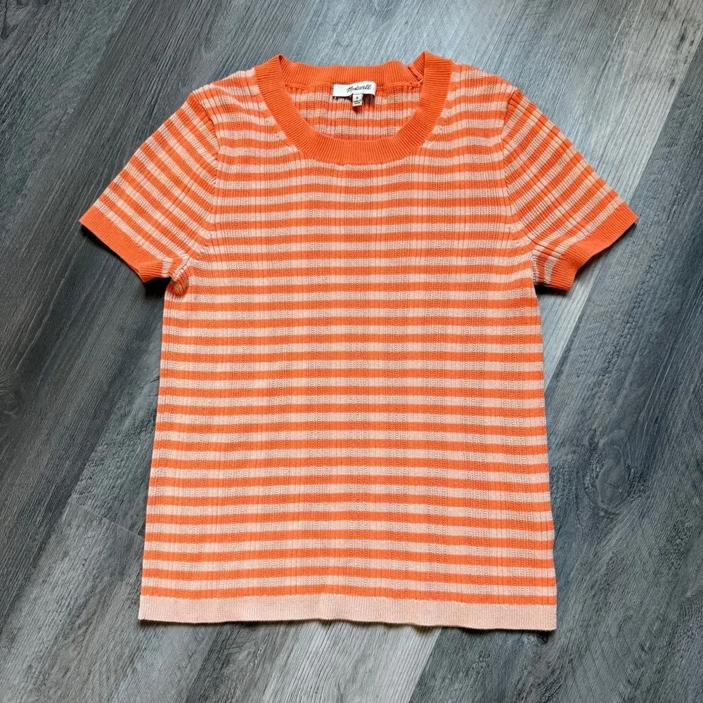 Madewell Ringer Sweater Tee Orange Stripe Ribbed Stretch Shirt Medium - Image 2