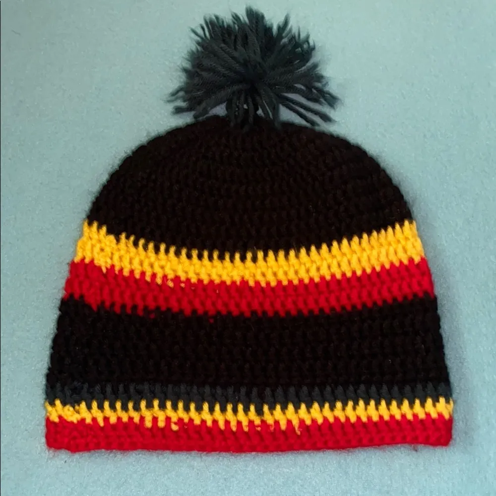 CROCHETED striped pom pom beanie hat red yellow green black unisex size OSFA - Image 2