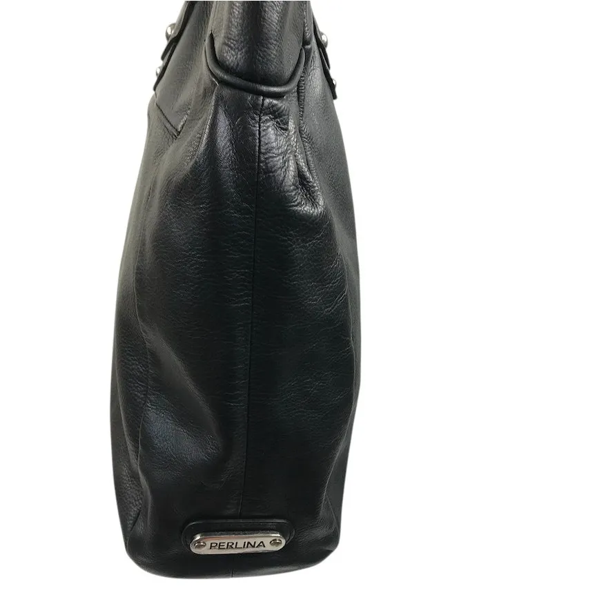 PERLINA NEW YORK Leather Tote Shoulder Bag Black Office Business Everyday Travel - Image 7