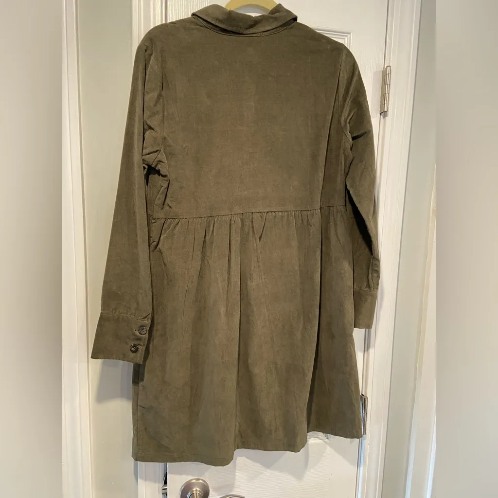 NWT Nine West Olive Green Velvet Button Front Collared Long Sleeve Mini Dress - Image 6