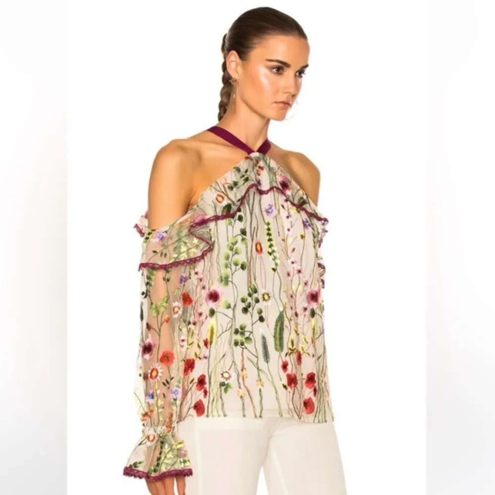 Kylie Embroidered Off the Shoulder Lined Sheer Floral Blouse Top Size M - Image 4
