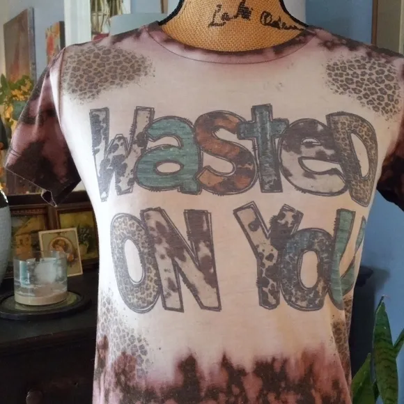 "Wasted on You" Heather Brown Distressed Graphic Tie Dye Tee - Image 2