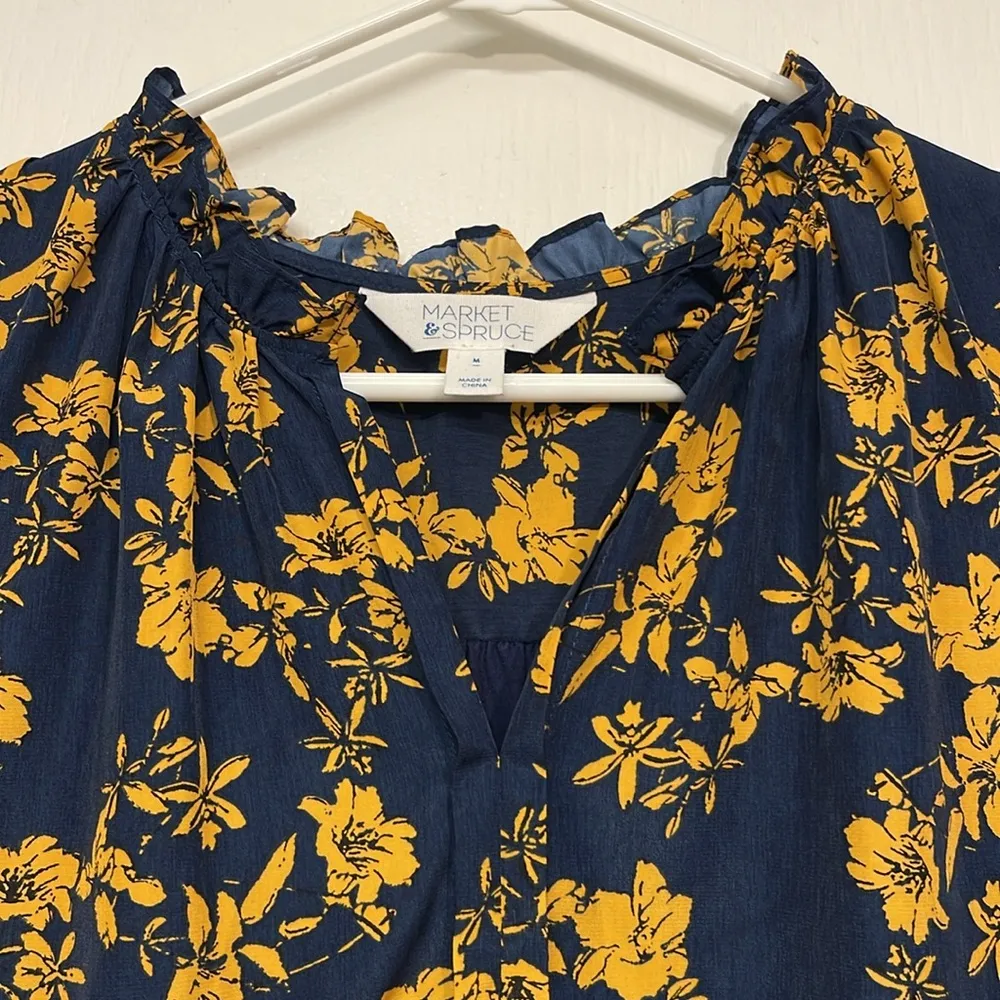 Market & Spruce Stitch Fix Blue Mustard Floral Sleeveless Blouse Ruffle Medium - Image 3