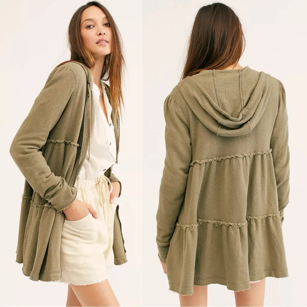 Free People Bohemian Tiered Trapeze Zip Sweatshirt Hoodie in Olive Green Medium - Image 2