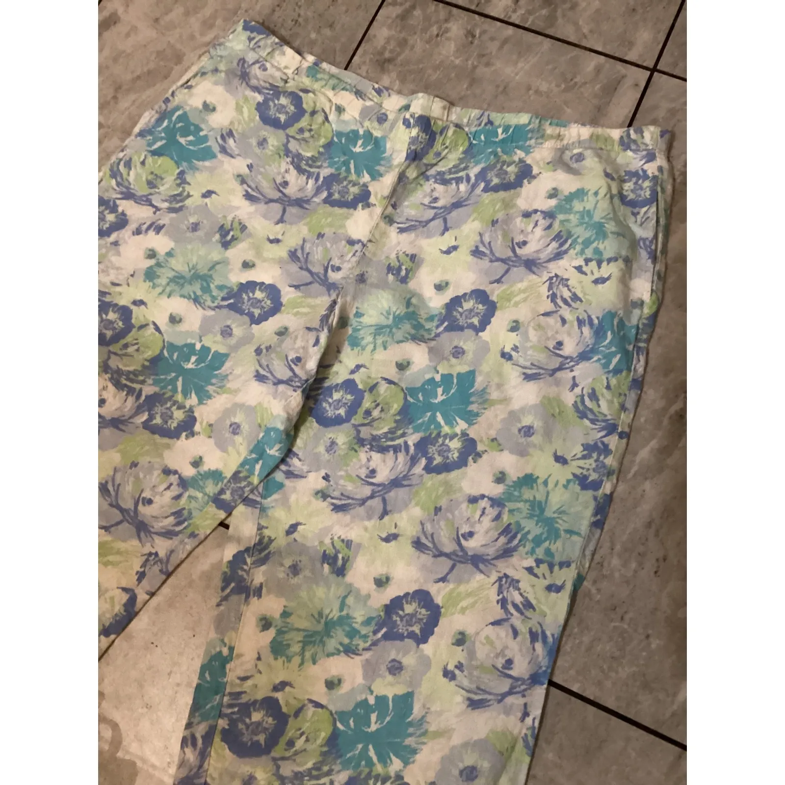 J Jill L Petite Floral Linen Blend Cropped Pants Capri Blue Green White - Image 2