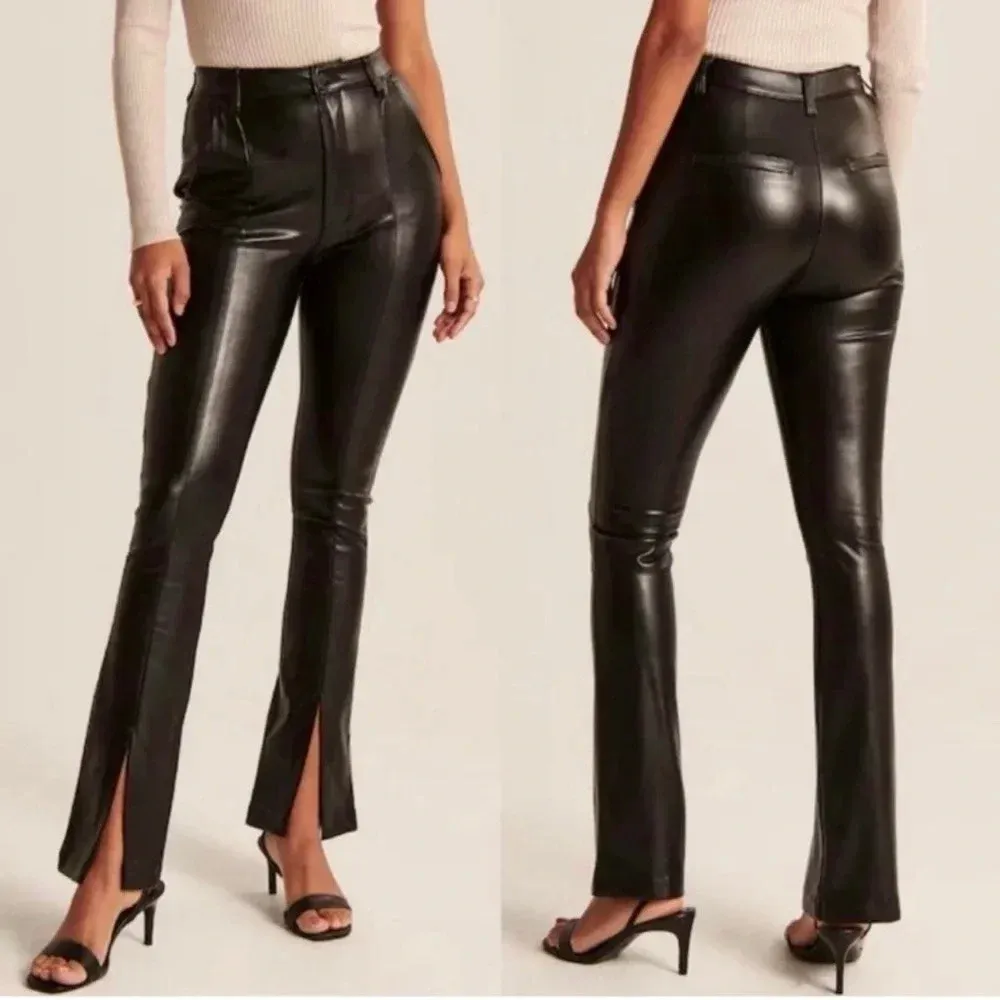 Abercrombie The Skinny Ultra High Rise Pants Faux Leather Black Split Hem - Image 2