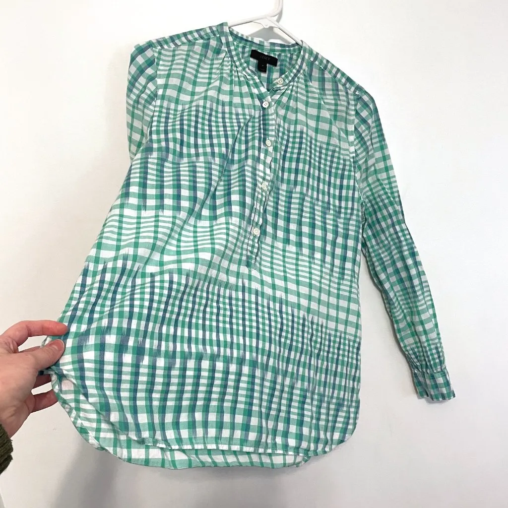 J. CREW Gingham Ikat Popover Shirt Green White Blue Long Sleeve Cotton Preppy 4 - Image 10