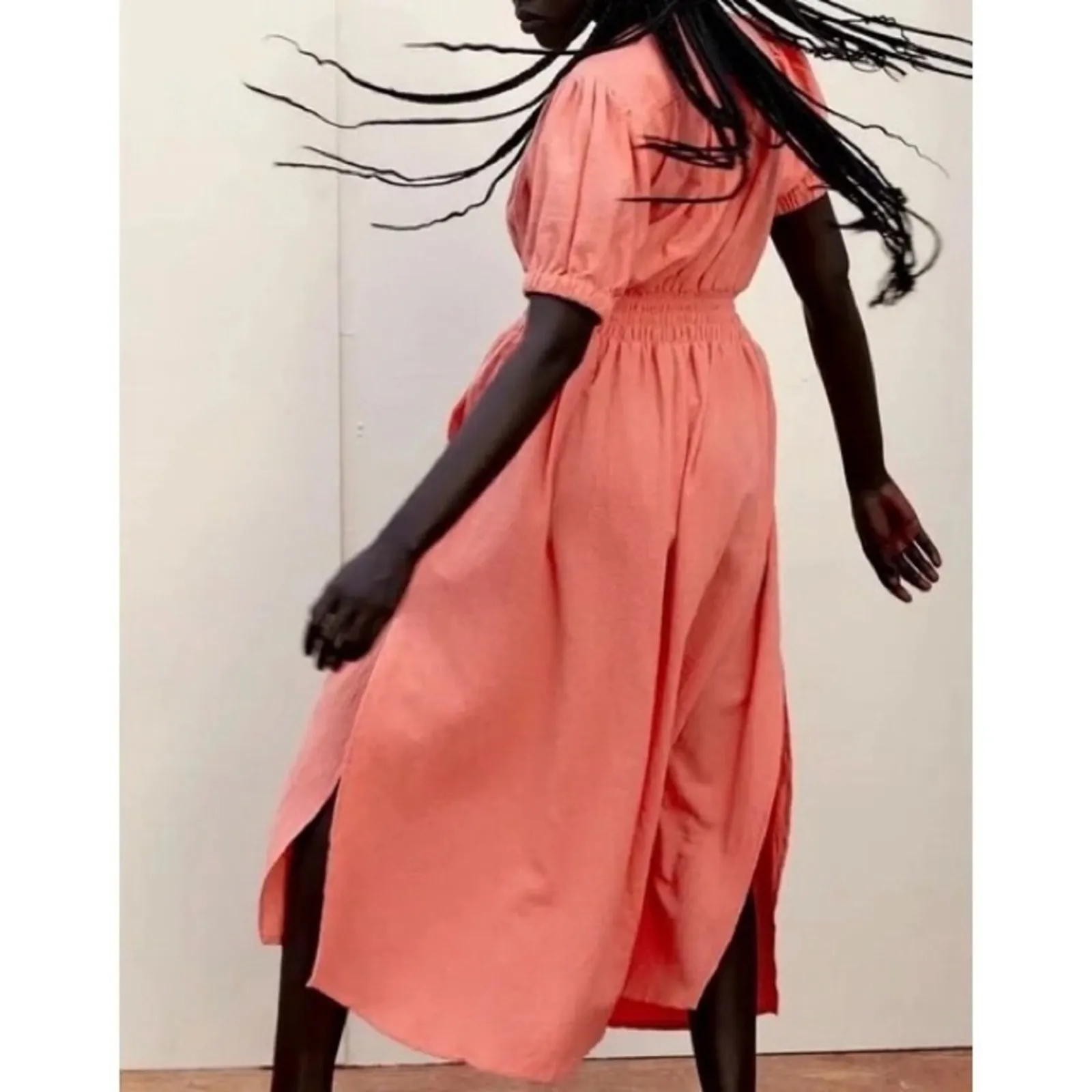 Anthropologie Rue Stiic Opal Linen Midi Sundress Cottagecore Salmon Pink X-Small - Image 4