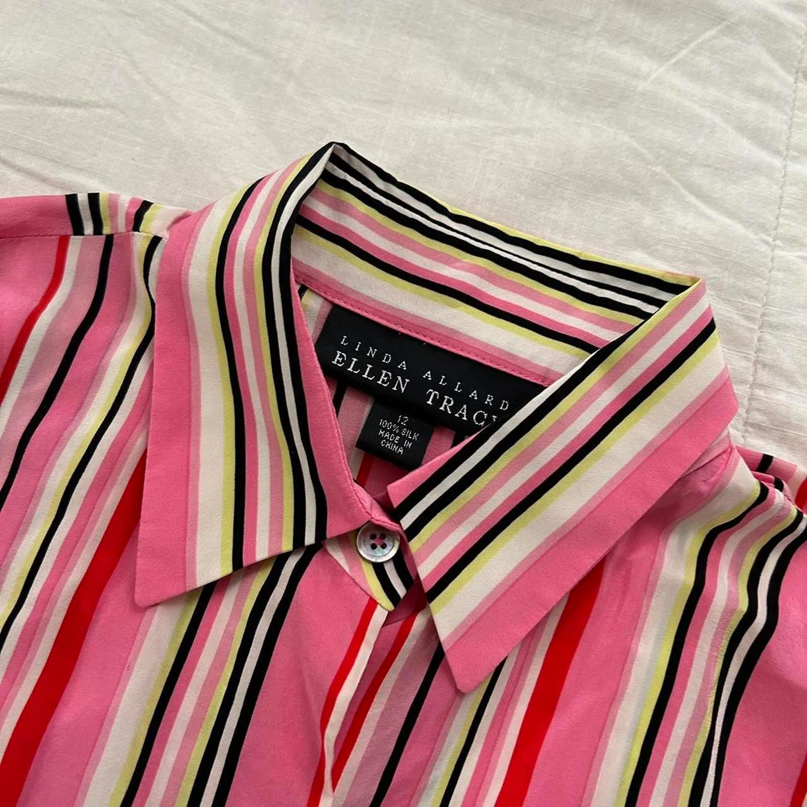 Pink and green striped silk long sleeve button up shirt Size 12, 100% silk - Image 4