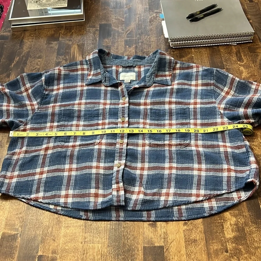 AMERICAN EAGLE Blue Plaid Copped Flannel Button Down Shirt Size XL - Image 6