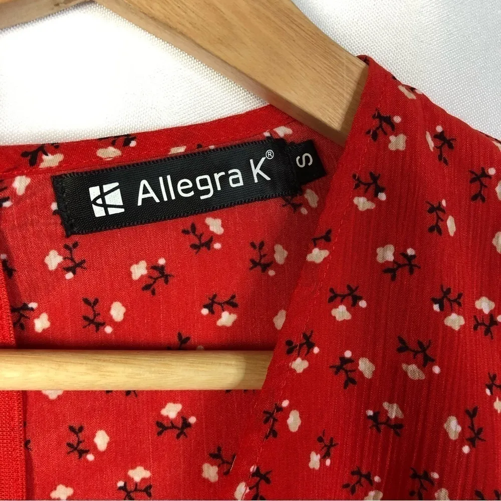 Allegra K Cherry Red Floral Ruffle Trim Short Sleeve Mini Dress S - Image 5
