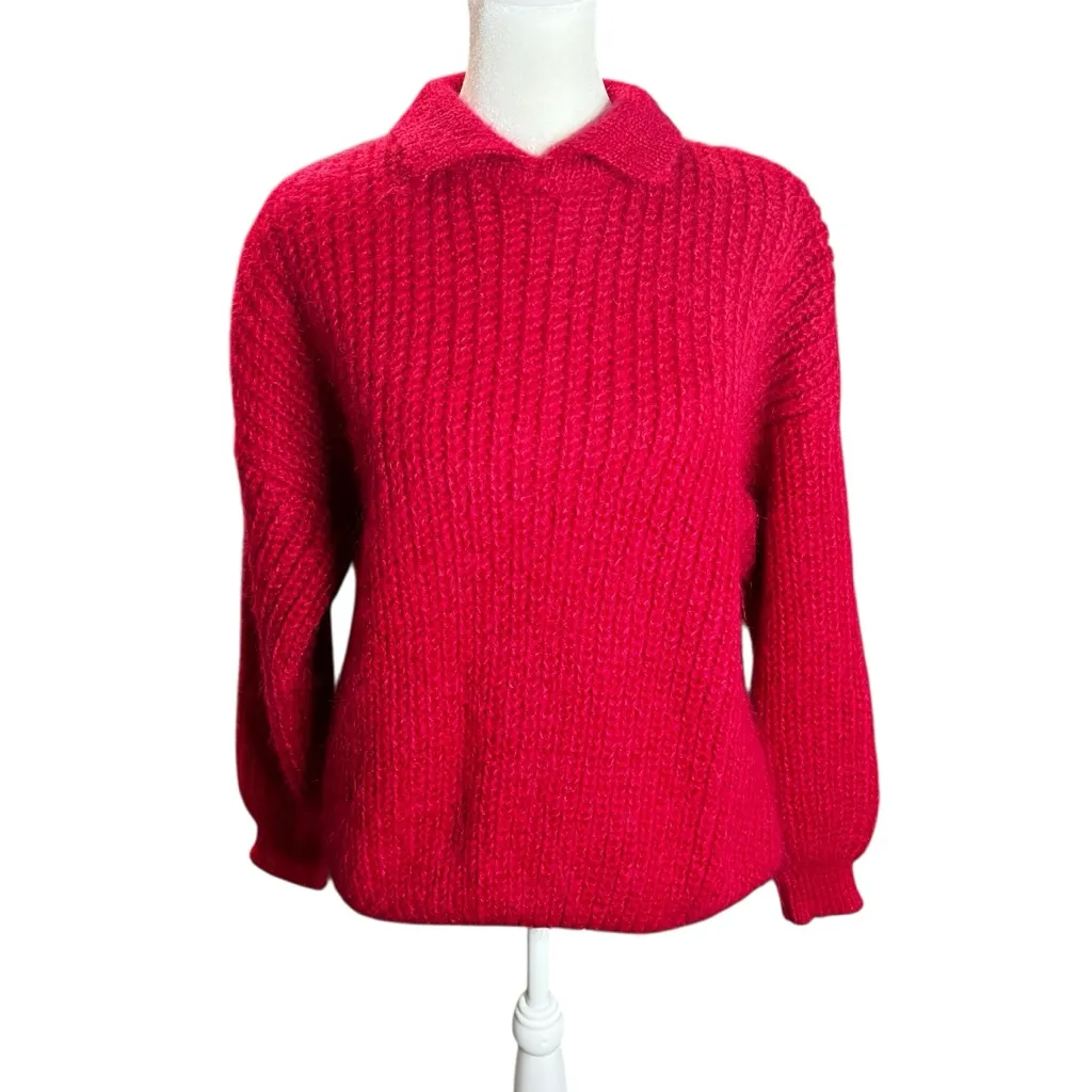 Vintage Handloomed Ireland Mohair Wool Sweater Red Chunky Knit Collared Pullover Size M - Image 2
