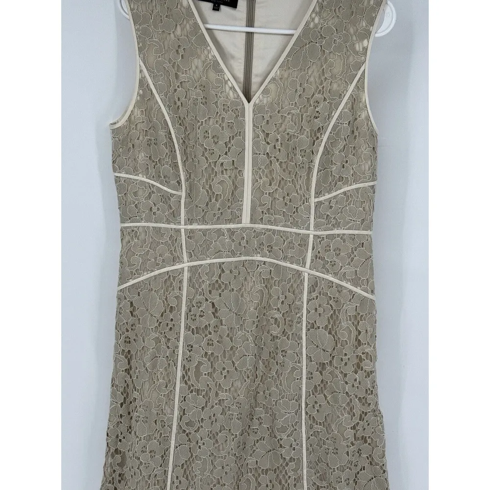 Lafayette 148 New York Women's Sleeveless V Neck Lace Overlay Dress 6 Bone Cream Tan - Image 4