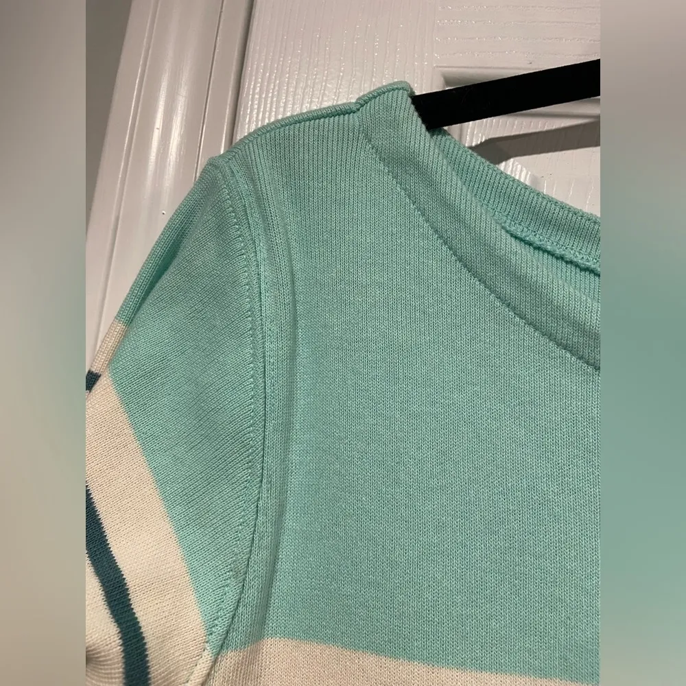L.L. Bean Size LP Aquamarine Teal Stripe 3/4 Sleeve Knit Heritage Mariner Shirt Green - Image 2