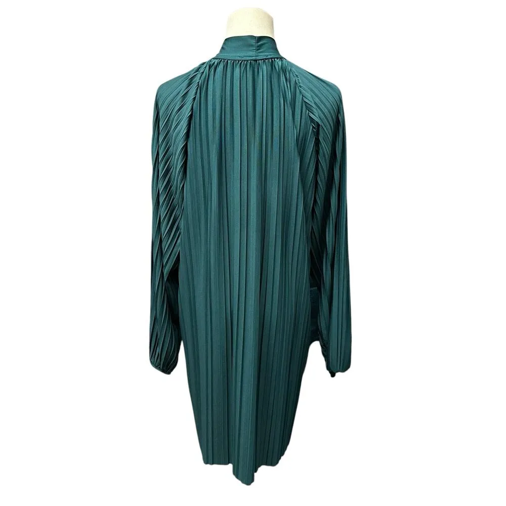 Zara Small Pleated Green Ascot Dress Tie Neck Balloon Sleeve Shift Party Emerald - Image 3