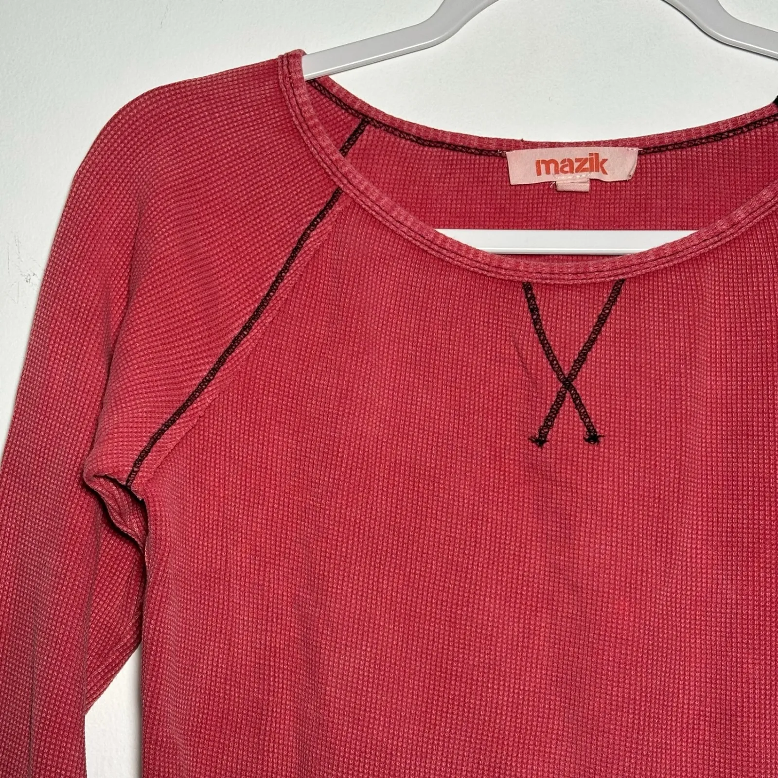Mazik Red Waffle Knit Long Sleeve Top Geometric Cuff Detail Women's Size S - Image 9