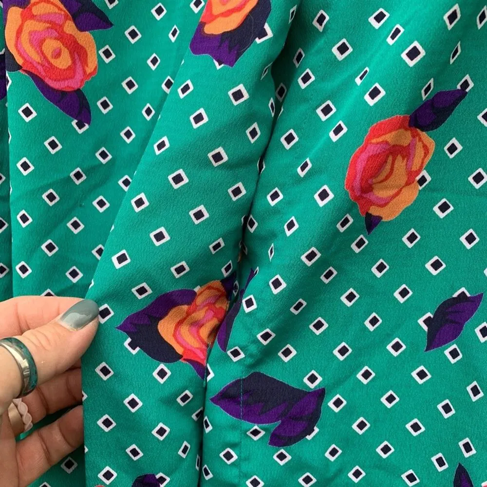 Vintage teal diamond dot rose button down long sleeve secretary blouse Size L - Image 8