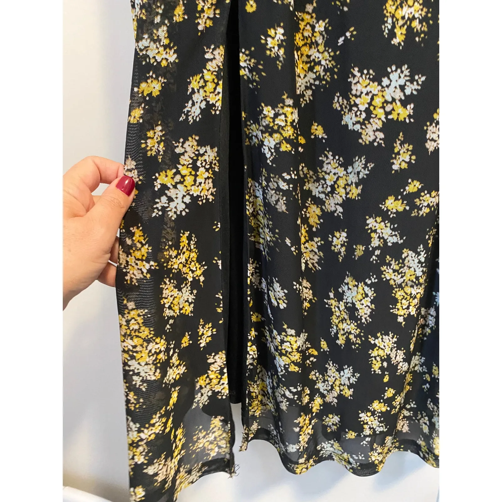 AFRM Tezza Black & Yellow Floral Ruched Mesh Midi Long Sleeves Dress Womens XS - Image 9