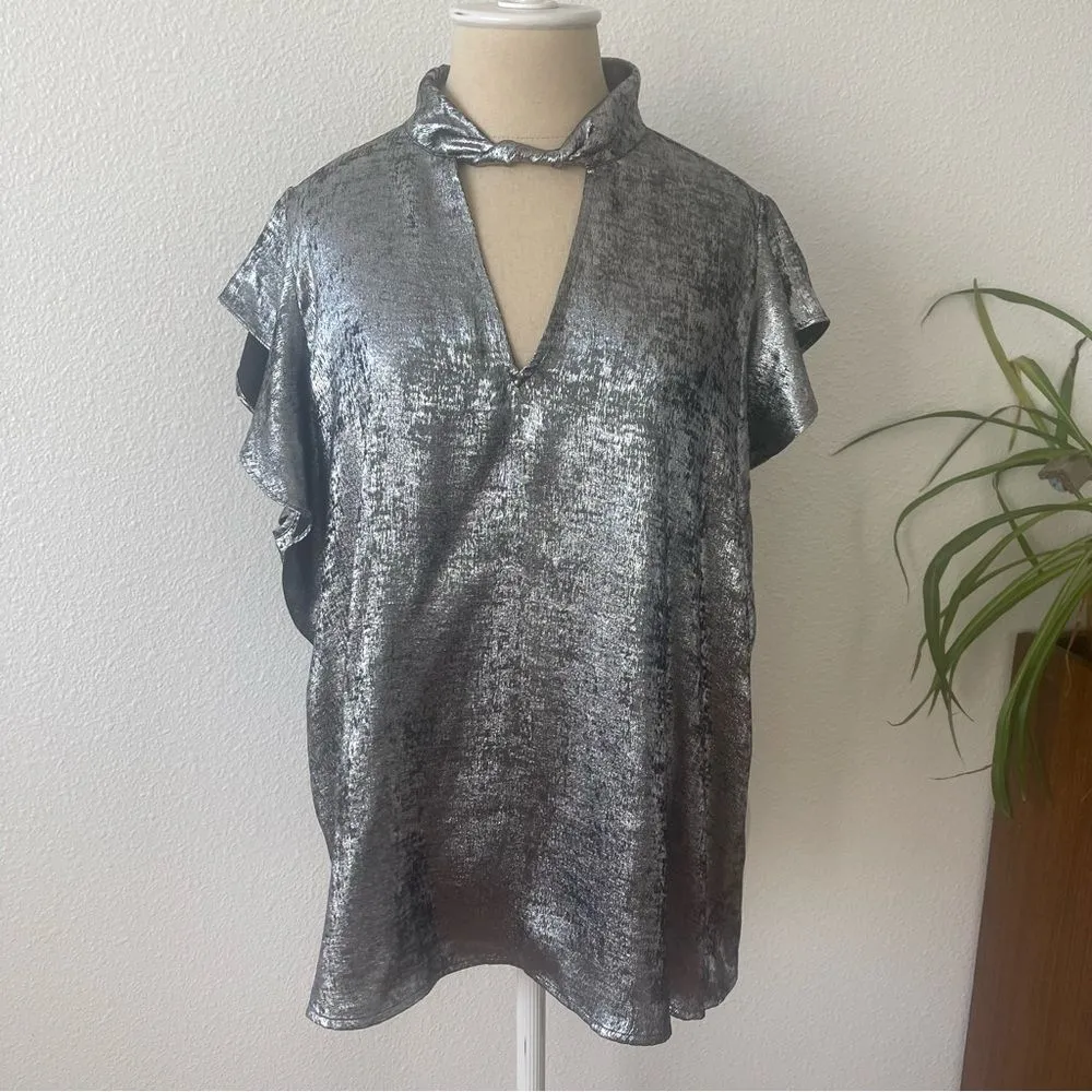 Worthington 0X Shimmering Silver Blouse Keyhole Neck Short Sleeve Satin - Image 4