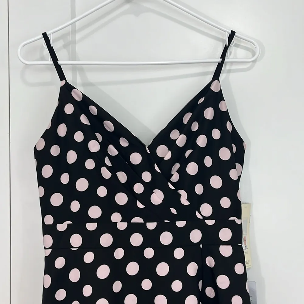 New Eliza J Size 2 Black, Pink Polka Dot Midi V-Neck Asymmetrical Hem Dress - Image 6